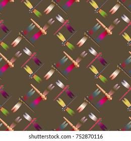 Decorative colored seamless pattern with cute dragonfly. Vintage background with many dragonflies silhouettes for your design.