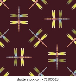 Decorative colored seamless pattern with cute dragonfly. Vintage background with many dragonflies silhouettes for your design.