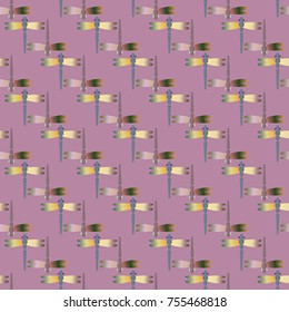 Decorative colored seamless pattern with cute dragonfly. Vintage background with many dragonflies silhouettes for your design.