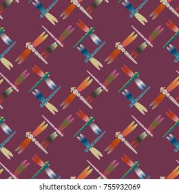 Decorative colored seamless pattern with cute dragonfly. Vintage background with many dragonflies silhouettes for your design.