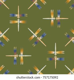 Decorative colored seamless pattern with cute dragonfly. Vintage background with many dragonflies silhouettes for your design.