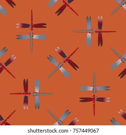 Decorative colored seamless pattern with cute dragonfly. Vintage background with many dragonflies silhouettes for your design.