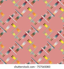 Decorative colored seamless pattern with cute dragonfly. Vintage background with many dragonflies silhouettes for your design.