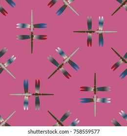 Decorative colored seamless pattern with cute dragonfly. Vintage background with many dragonflies silhouettes for your design.