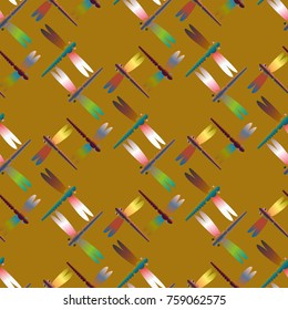 Decorative colored seamless pattern with cute dragonfly. Vintage background with many dragonflies silhouettes for your design.