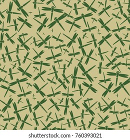 Decorative colored seamless pattern with cute dragonfly. Vintage background with many dragonflies silhouettes for your design.