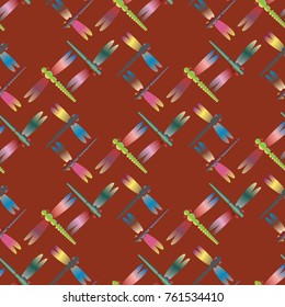 Decorative colored seamless pattern with cute dragonfly. Vintage background with many dragonflies silhouettes for your design.