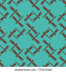 Decorative colored seamless pattern with cute dragonfly. Vintage background with many dragonflies silhouettes for your design.