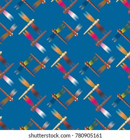 Decorative colored seamless pattern with cute dragonfly. Vintage background with many dragonflies silhouettes for your design.