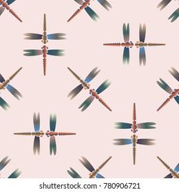 Decorative colored seamless pattern with cute dragonfly. Vintage background with many dragonflies silhouettes for your design.