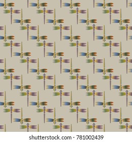 Decorative colored seamless pattern with cute dragonfly. Vintage background with many dragonflies silhouettes for your design.