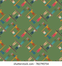 Decorative colored seamless pattern with cute dragonfly. Vintage background with many dragonflies silhouettes for your design.