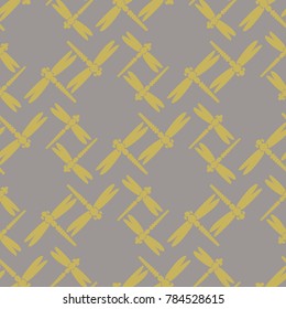 Decorative colored seamless pattern with cute dragonfly. Vintage background with many dragonflies silhouettes for your design.