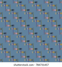 Decorative colored seamless pattern with cute dragonfly. Vintage background with many dragonflies silhouettes for your design.