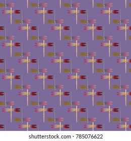 Decorative colored seamless pattern with cute dragonfly. Vintage background with many dragonflies silhouettes for your design.