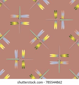 Decorative colored seamless pattern with cute dragonfly. Vintage background with many dragonflies silhouettes for your design.