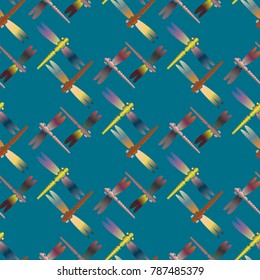 Decorative colored seamless pattern with cute dragonfly. Vintage background with many dragonflies silhouettes for your design.