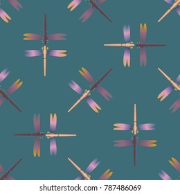 Decorative colored seamless pattern with cute dragonfly. Vintage background with many dragonflies silhouettes for your design.