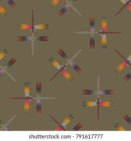 Decorative colored seamless pattern with cute dragonfly. Vintage background with many dragonflies silhouettes for your design.