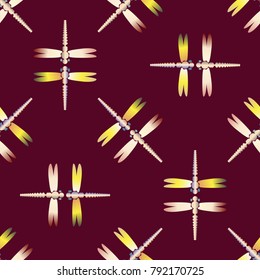 Decorative colored seamless pattern with cute dragonfly. Vintage background with many dragonflies silhouettes for your design.
