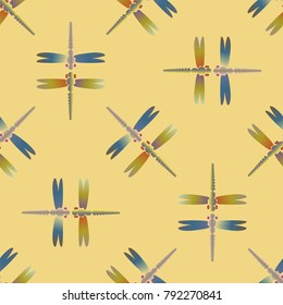 Decorative colored seamless pattern with cute dragonfly. Vintage background with many dragonflies silhouettes for your design.