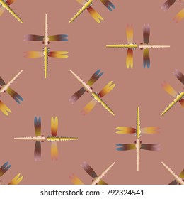 Decorative colored seamless pattern with cute dragonfly. Vintage background with many dragonflies silhouettes for your design.