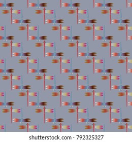 Decorative colored seamless pattern with cute dragonfly. Vintage background with many dragonflies silhouettes for your design.