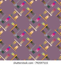 Decorative colored seamless pattern with cute dragonfly. Vintage background with many dragonflies silhouettes for your design.