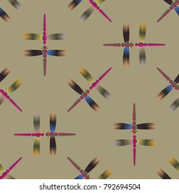 Decorative colored seamless pattern with cute dragonfly. Vintage background with many dragonflies silhouettes for your design.