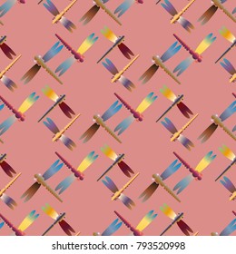 Decorative colored seamless pattern with cute dragonfly. Vintage background with many dragonflies silhouettes for your design.