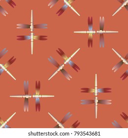 Decorative colored seamless pattern with cute dragonfly. Vintage background with many dragonflies silhouettes for your design.