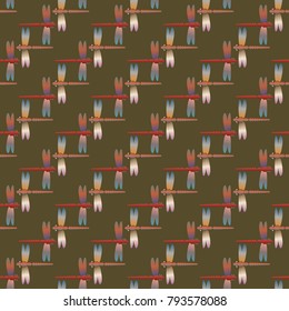 Decorative colored seamless pattern with cute dragonfly. Vintage background with many dragonflies silhouettes for your design.