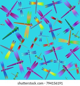 Decorative colored seamless pattern with cute dragonfly. Vintage background with many dragonflies silhouettes for your design.