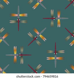 Decorative colored seamless pattern with cute dragonfly. Vintage background with many dragonflies silhouettes for your design.