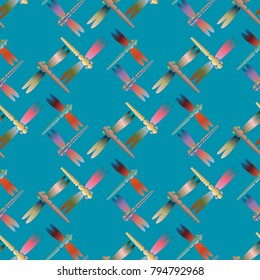 Decorative colored seamless pattern with cute dragonfly. Vintage background with many dragonflies silhouettes for your design.
