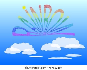 The decorative colored text Rainbow on a blue cloudy sky. Vector illustration