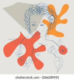 Decorative colorful abstract floral shapes and line art woman portrait, modern retro style.