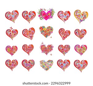 Decorative colorful abstract heart shapes collection in hippie style with love word, flower-power, rainbow and paisley. Part 5 of hearts huge set