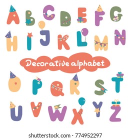 Decorative colorful alphabet for party or holidays design. The set of vector isolated letters with decor elements.
