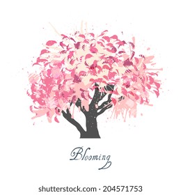 Decorative colorful apple tree spring seasonal blossom symbol ornamental design background poster grunge abstract sketch vector illustration