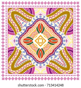 Decorative colorful background, geometric floral doodle pattern with ornate lace frame. Tribal ethnic mandala ornament. Bandanna shawl, tablecloth fabric print, silk neck scarf, kerchief design