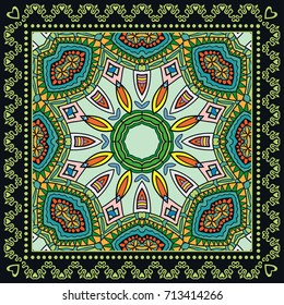 Decorative colorful background, geometric floral doodle pattern with ornate lace frame. Tribal ethnic mandala ornament. Bandanna shawl, tablecloth fabric print, silk neck scarf, kerchief design