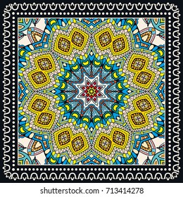 Decorative colorful background, geometric floral doodle pattern with ornate lace frame. Tribal ethnic mandala ornament. Bandanna shawl, tablecloth fabric print, silk neck scarf, kerchief design