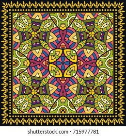 Decorative colorful background, geometric floral doodle pattern with ornate lace frame. Tribal ethnic mandala ornament. Bandanna shawl, tablecloth fabric print, silk neck scarf, kerchief design
