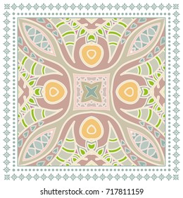 Decorative colorful background, geometric floral doodle pattern with ornate lace frame. Tribal ethnic mandala ornament. Bandanna shawl, tablecloth fabric print, silk neck scarf, kerchief design