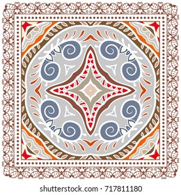 Decorative colorful background, geometric floral doodle pattern with ornate lace frame. Tribal ethnic mandala ornament. Bandanna shawl, tablecloth fabric print, silk neck scarf, kerchief design