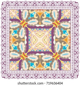 Decorative colorful background, geometric floral doodle pattern with ornate lace frame. Tribal ethnic mandala ornament. Bandanna shawl, tablecloth fabric print, silk neck scarf, kerchief design