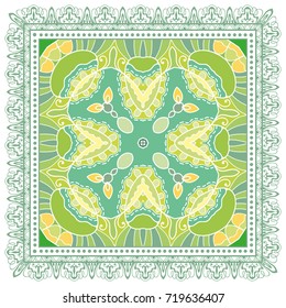 Decorative colorful background, geometric floral doodle pattern with ornate lace frame. Tribal ethnic mandala ornament. Bandanna shawl, tablecloth fabric print, silk neck scarf, kerchief design