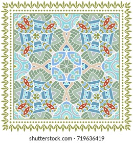 Decorative colorful background, geometric floral doodle pattern with ornate lace frame. Tribal ethnic mandala ornament. Bandanna shawl, tablecloth fabric print, silk neck scarf, kerchief design
