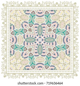Decorative colorful background, geometric floral doodle pattern with ornate lace frame. Tribal ethnic mandala ornament. Bandanna shawl, tablecloth fabric print, silk neck scarf, kerchief design
